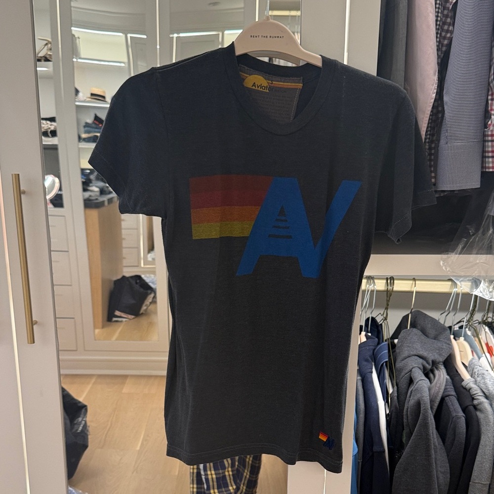Aviator Nation Black Tee with Rainbow and Blue Graphic